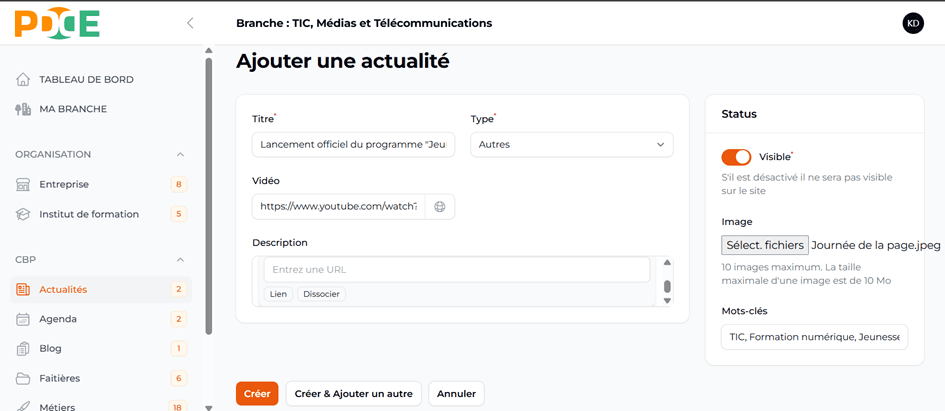 Formulaire ajouter actualité