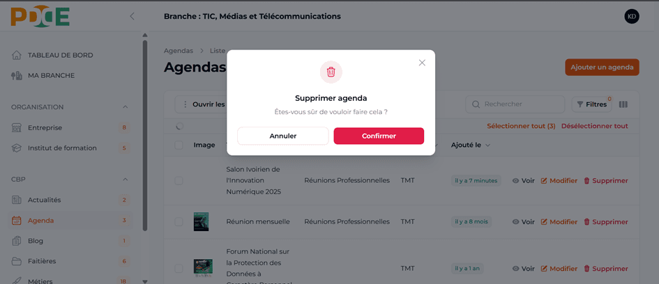 Confirmer suppression agenda