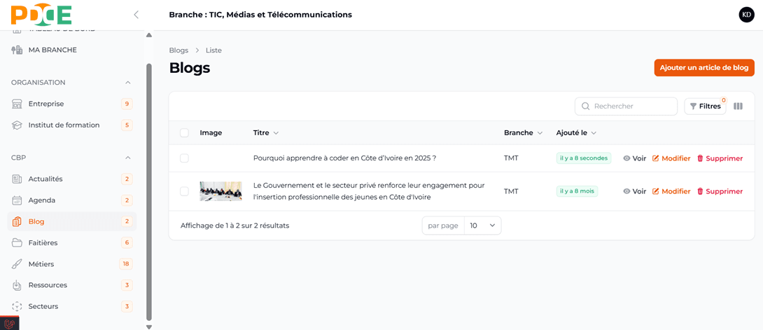 Bouton supprimer blog