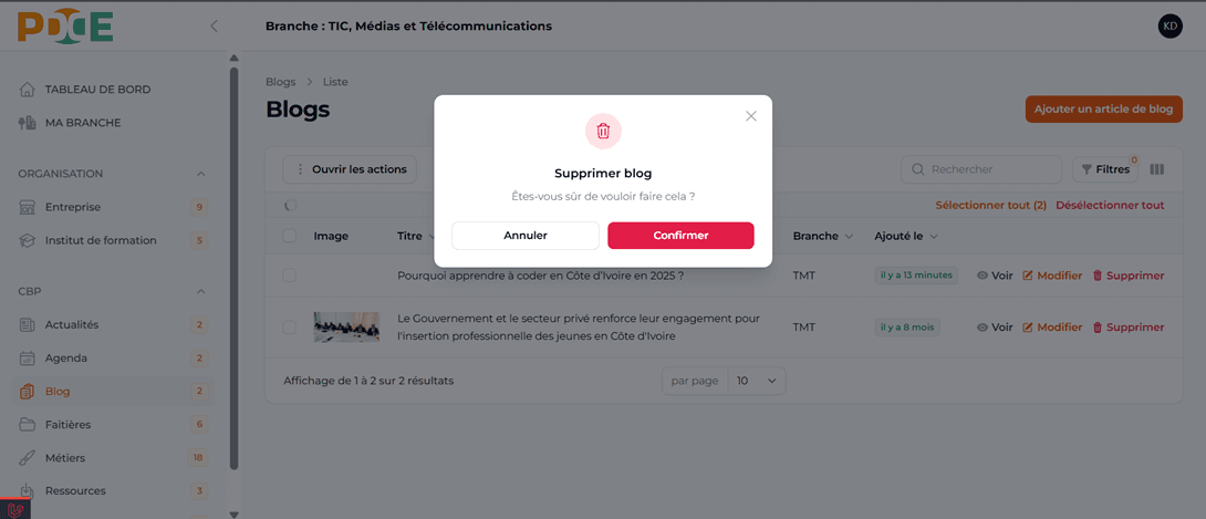 FenĂŞtre de confirmation