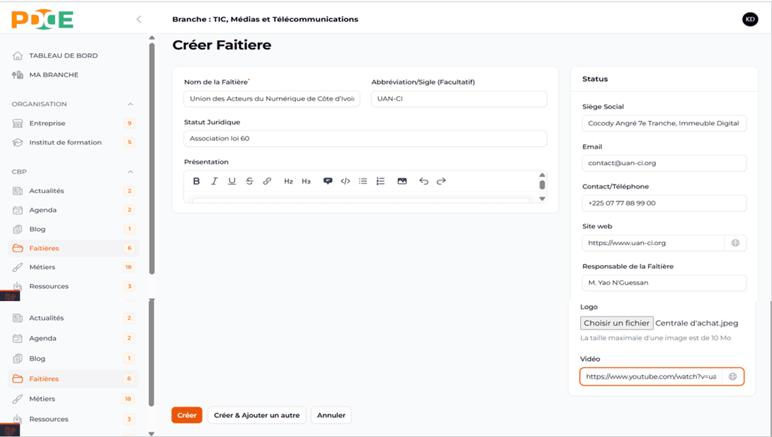Formulaire ajouter faitière