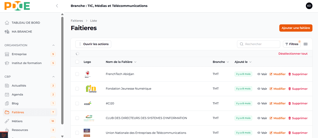 Faitière supprimée de la liste