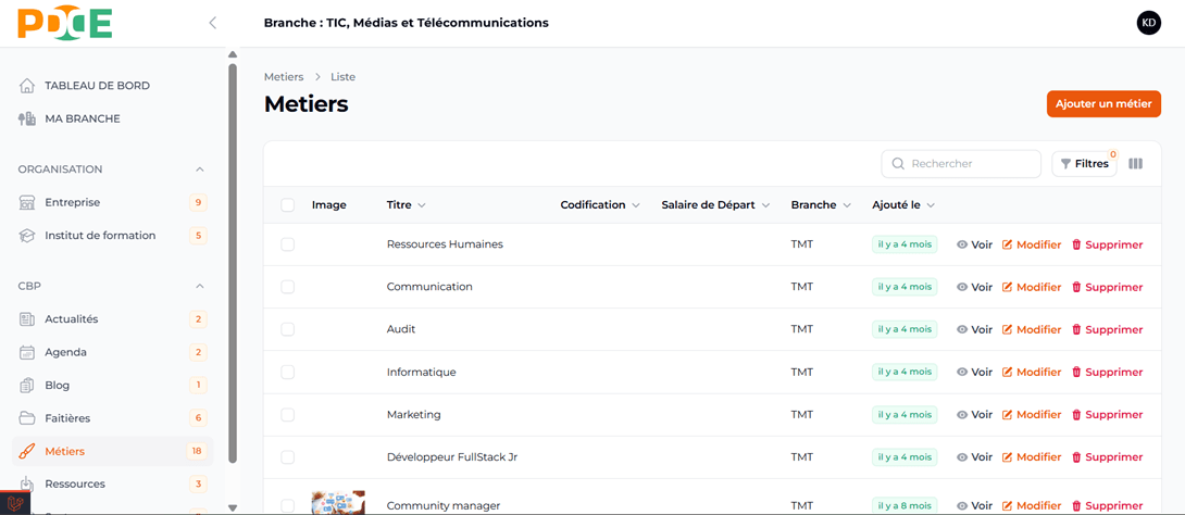 Ajouter un métier + formulaire