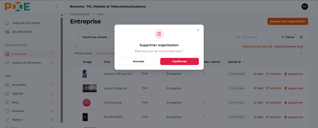 Supprimer entreprise