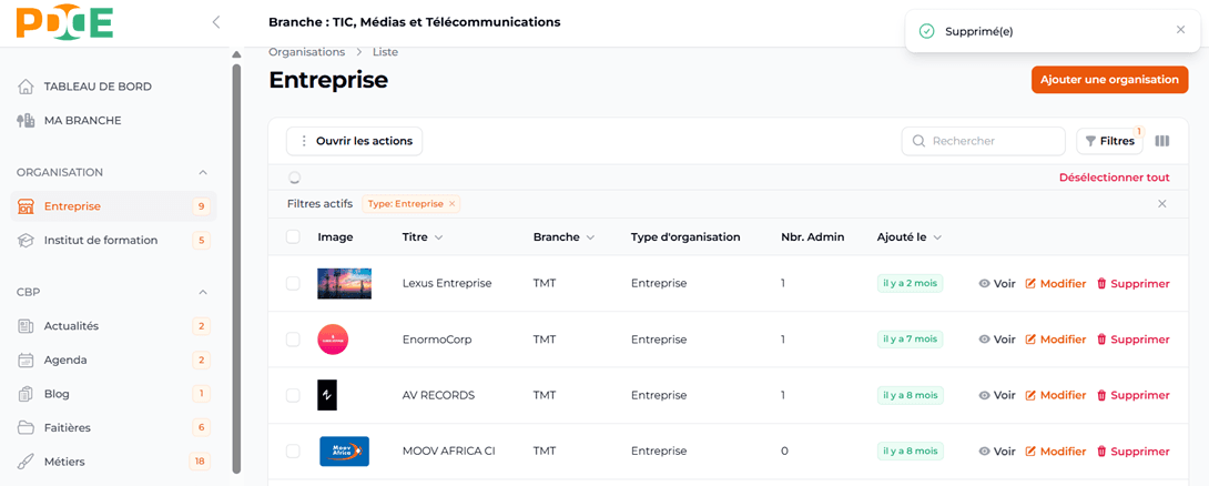 Supprimer entreprise