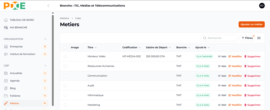 Modifier et sauvegarder métier