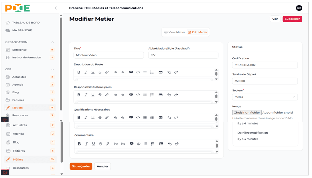 Succès modification métier