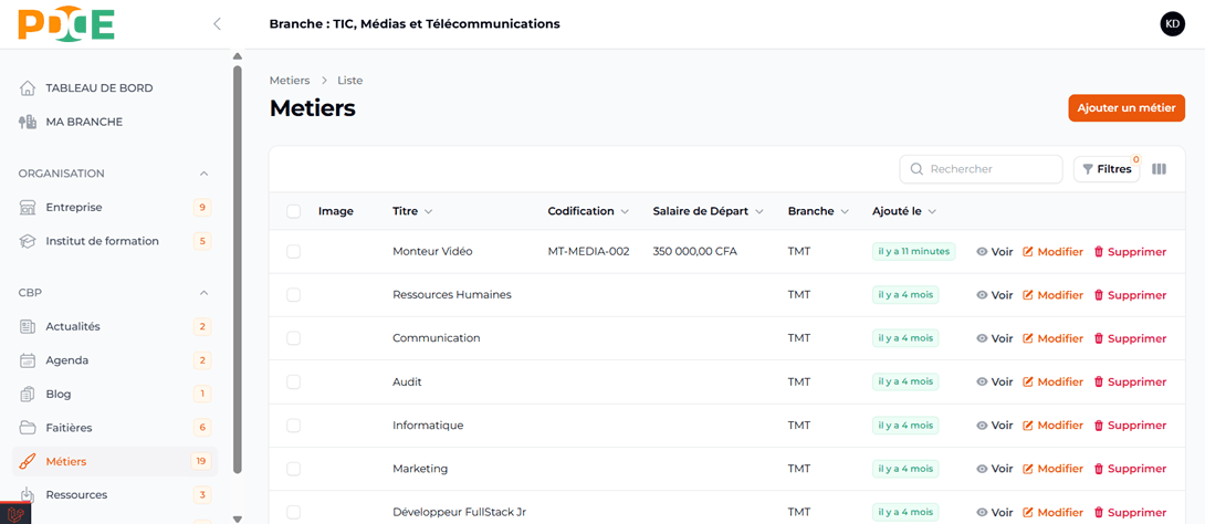 Verifier modification sur métier