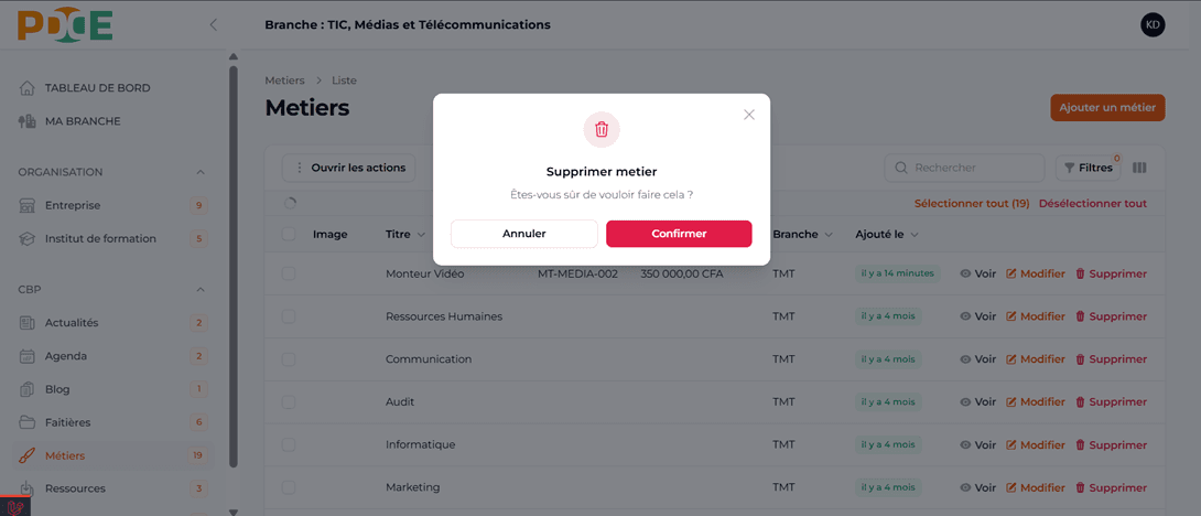 Confirmer suppression métier