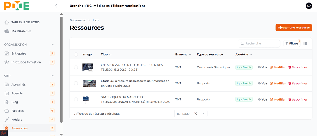 Arrivée sur la page Ressources