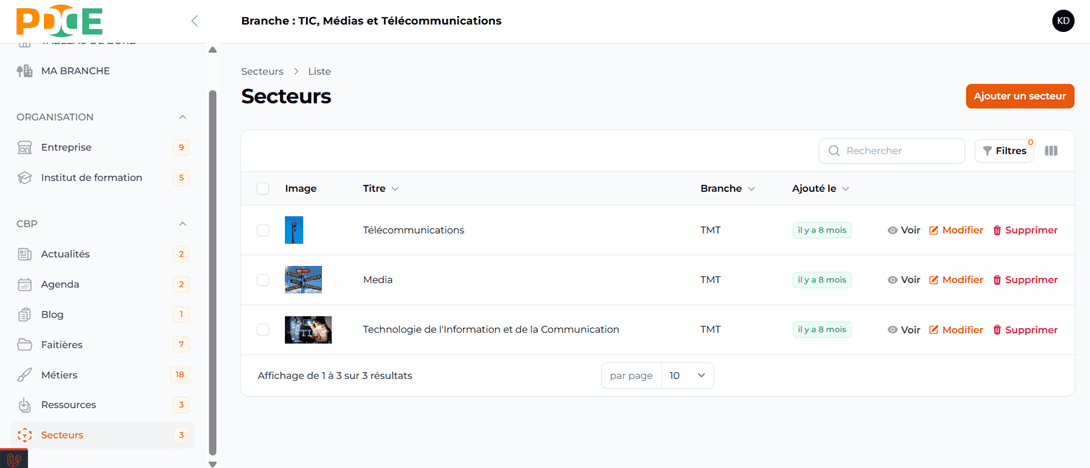 Secteur supprimé de la liste